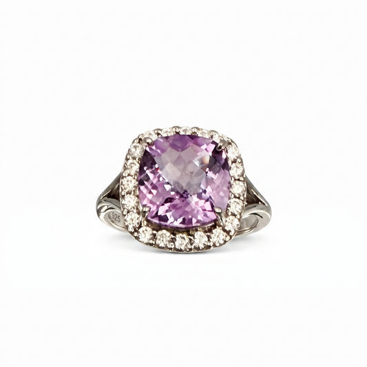 Amethyst Cushion Cut Halo Statement Ring – 5.22 ct | 925 Silver