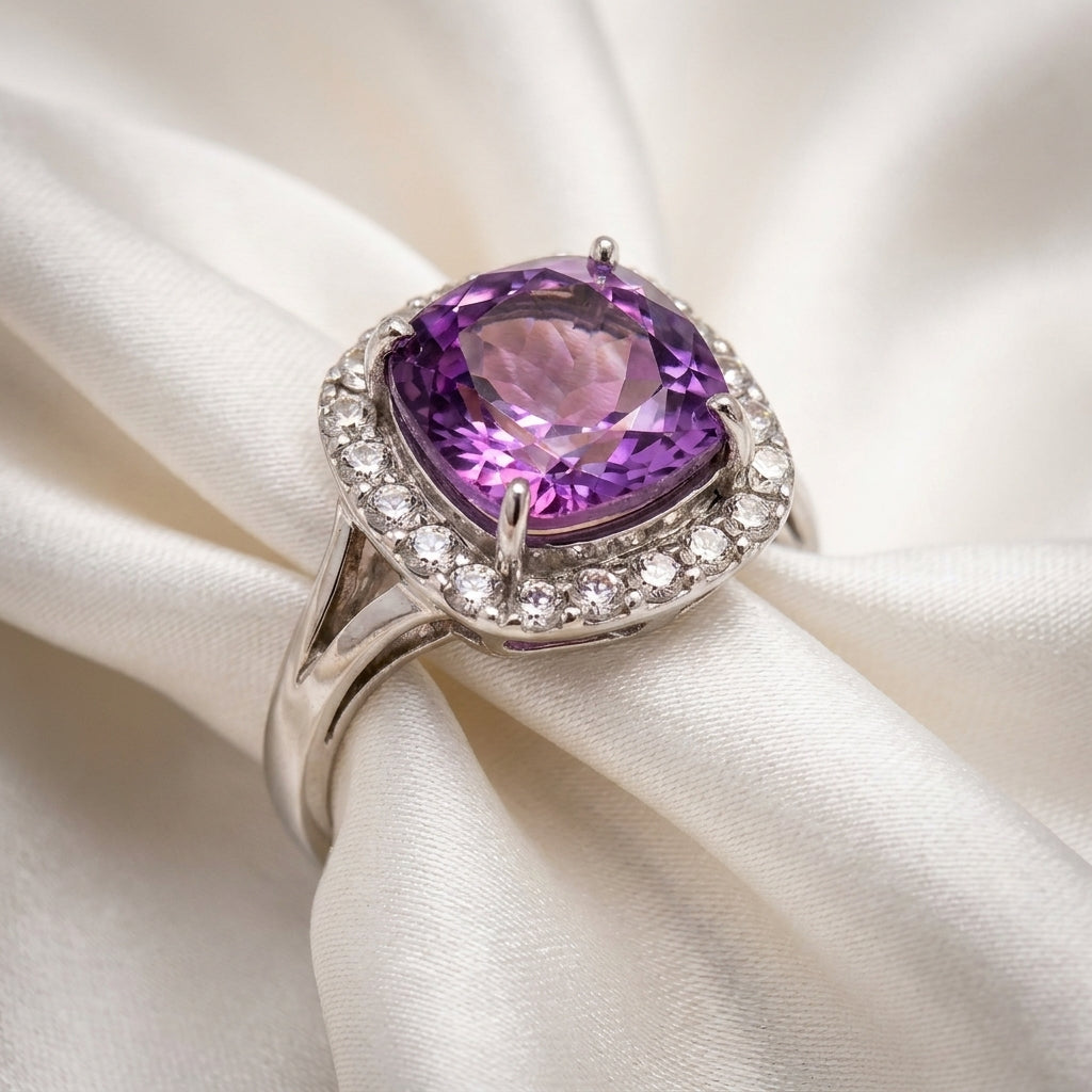 Amethyst Cushion Cut Halo Statement Ring – 5.22 ct | 925 Silver