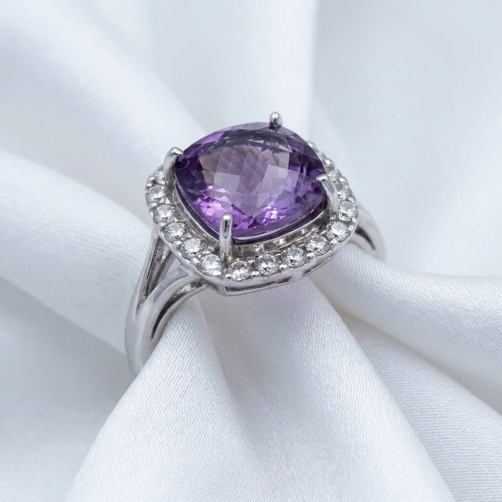 Amethyst Cushion Cut Halo Statement Ring – 5.22 ct | 925 Silver