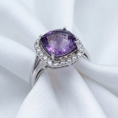 Amethyst Cushion Cut Halo Statement Ring – 5.22 ct | 925 Silver
