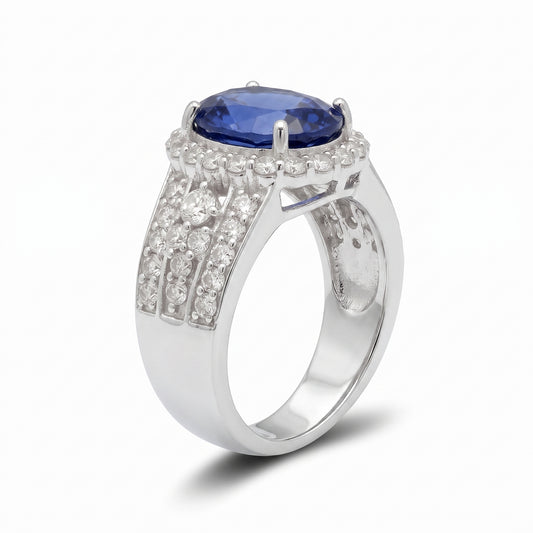 Blue Sapphire Oval Cut Halo Ring – 3.00 ct | 925 Silver