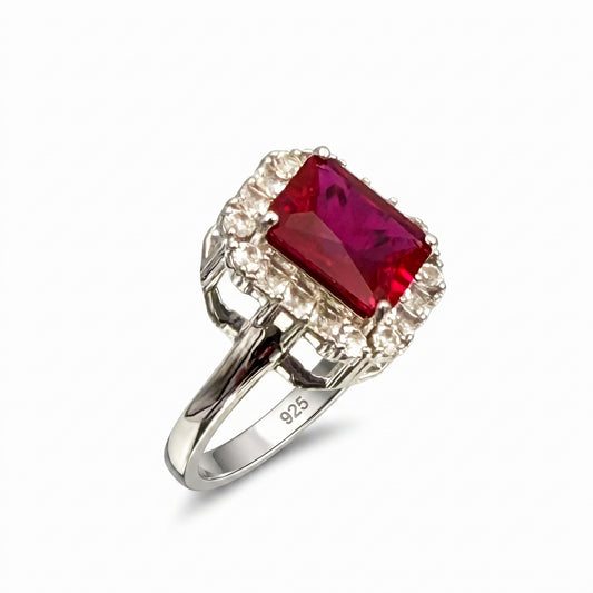 Ruby Emerald Cut Halo Ring – 3.20 ct | 925 Silver