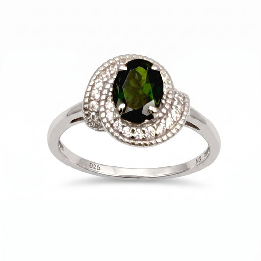 Chrome Diopside Oval Cut Double Halo Ring | 925 Silver