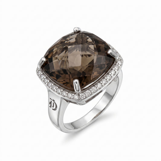 Smoky Quartz Cushion Cut Halo Ring – 9.72 ct | 925 Silver