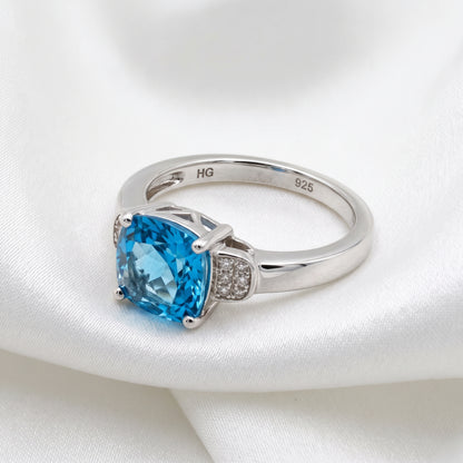 Swiss Blue Topaz Cushion Cut Statement Ring – 2.56 ct | 925 Silver