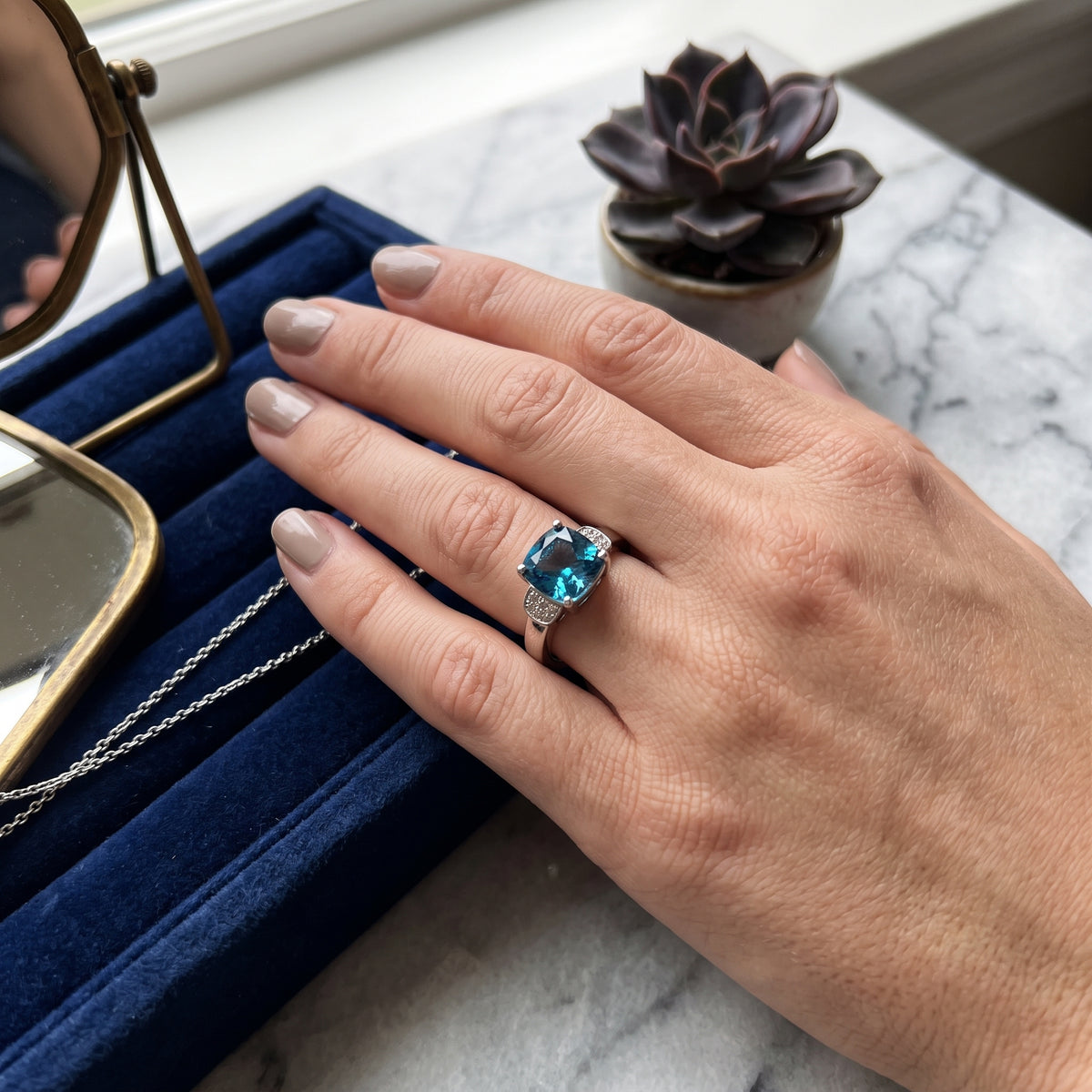 Swiss Blue Topaz Cushion Cut Statement Ring – 2.56 ct | 925 Silver