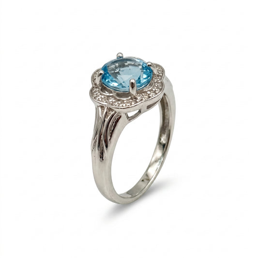 Swiss Blue Topaz Oval Cut Floral Halo Ring – 2.20 ct | 925 Silver