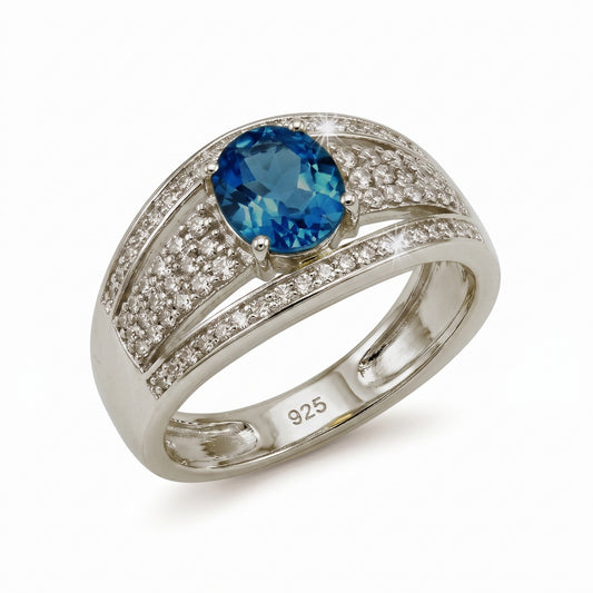 Swiss Blue Topaz Oval Cut Statement Ring – 2.15 ct | 925 Silver